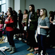 Women’s Convention attendees monitor their breath at a public speaking breakout session. Photo by Ellie Shechet.